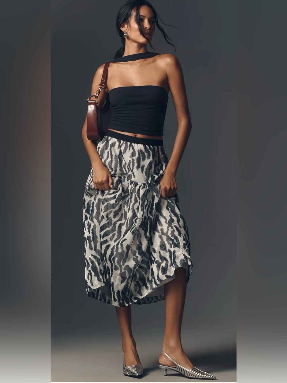 Anthropologie Black and White Printed Midi Skirt